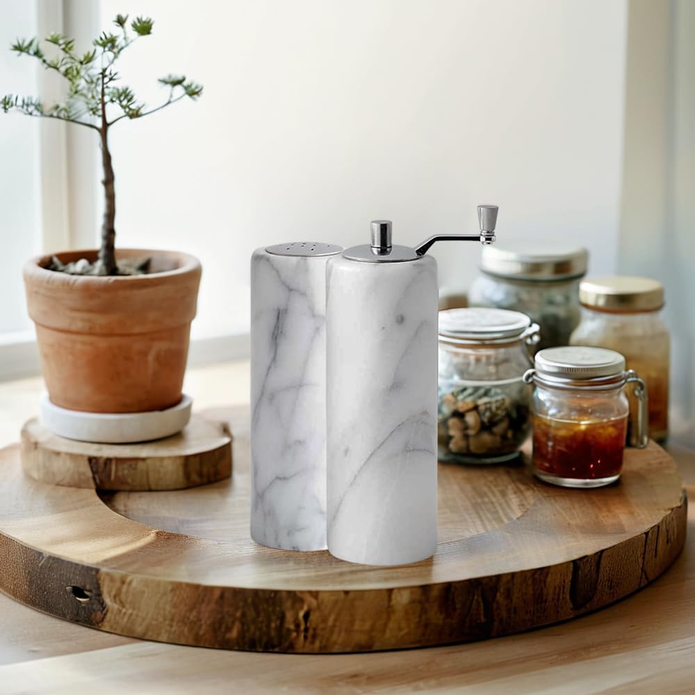 White Columnar Marble Salt Pepper Shaker Set