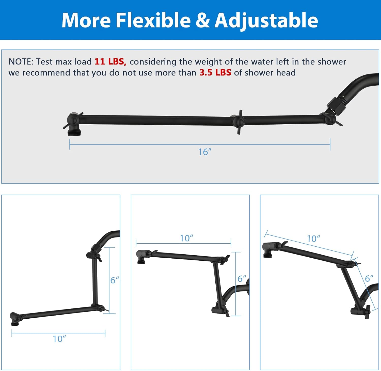 PDPBath 16 Inch Brass Shower Head Extension Arm with Lock Joints Matte Black