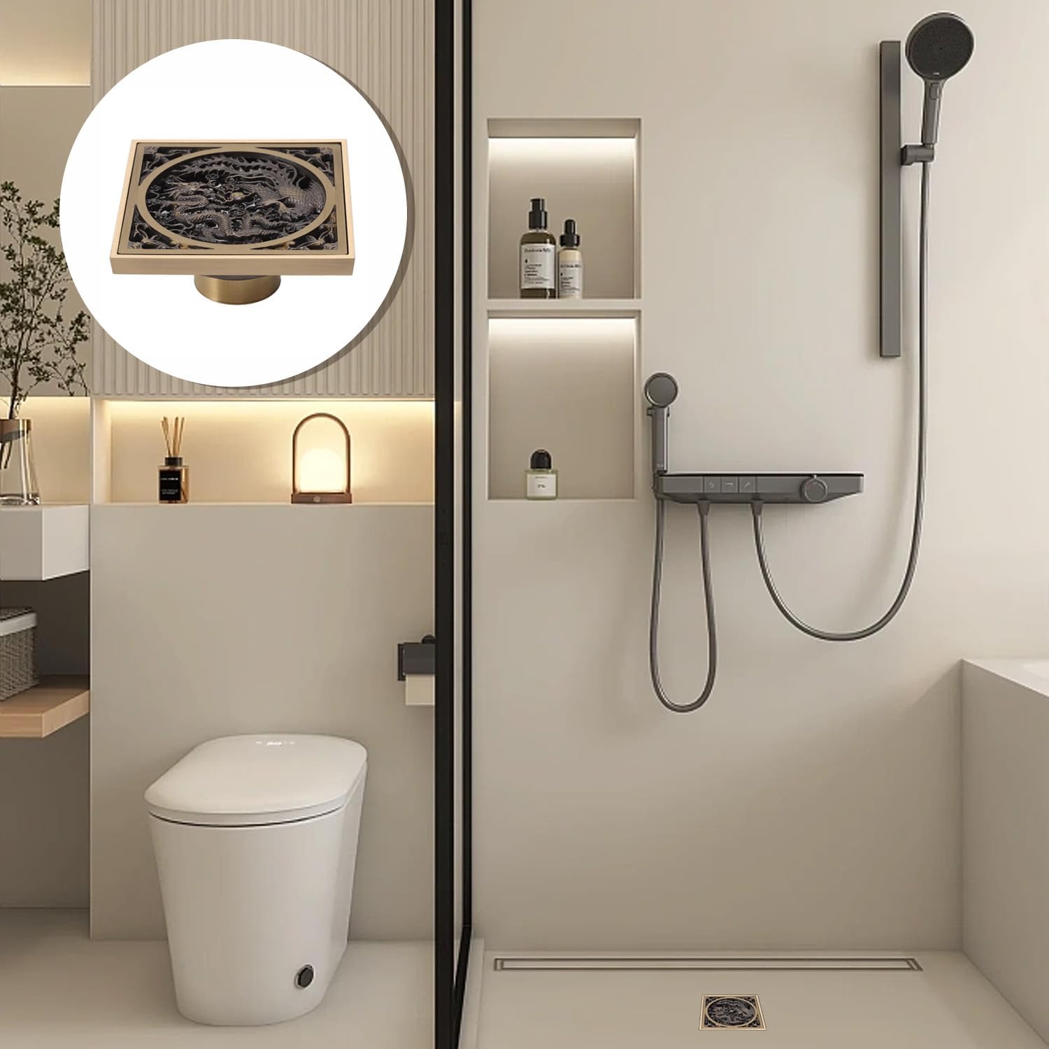 Stainless Steel Copper Square Floor Drain with Dragon Phoenix Design