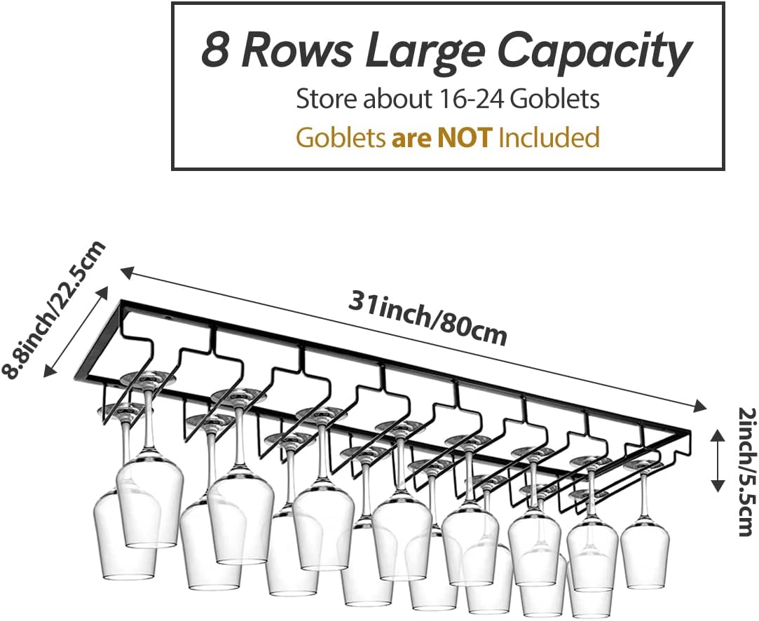 Xverycan 8 Row Wine Glass Rack Metal Stemware Holder with Screws Black