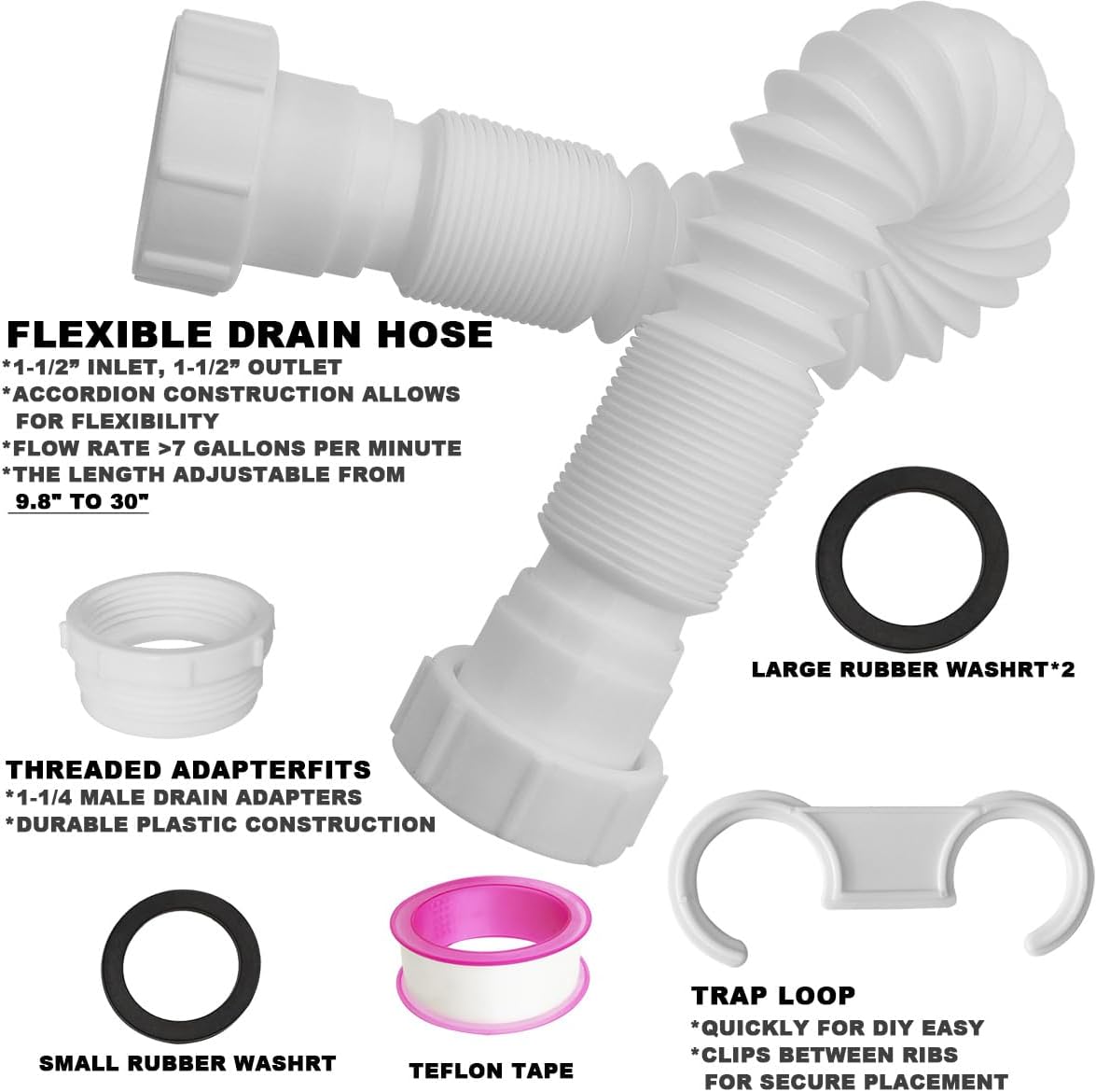 TGEOND Flexible 1-12 P-Trap 30 Inch White