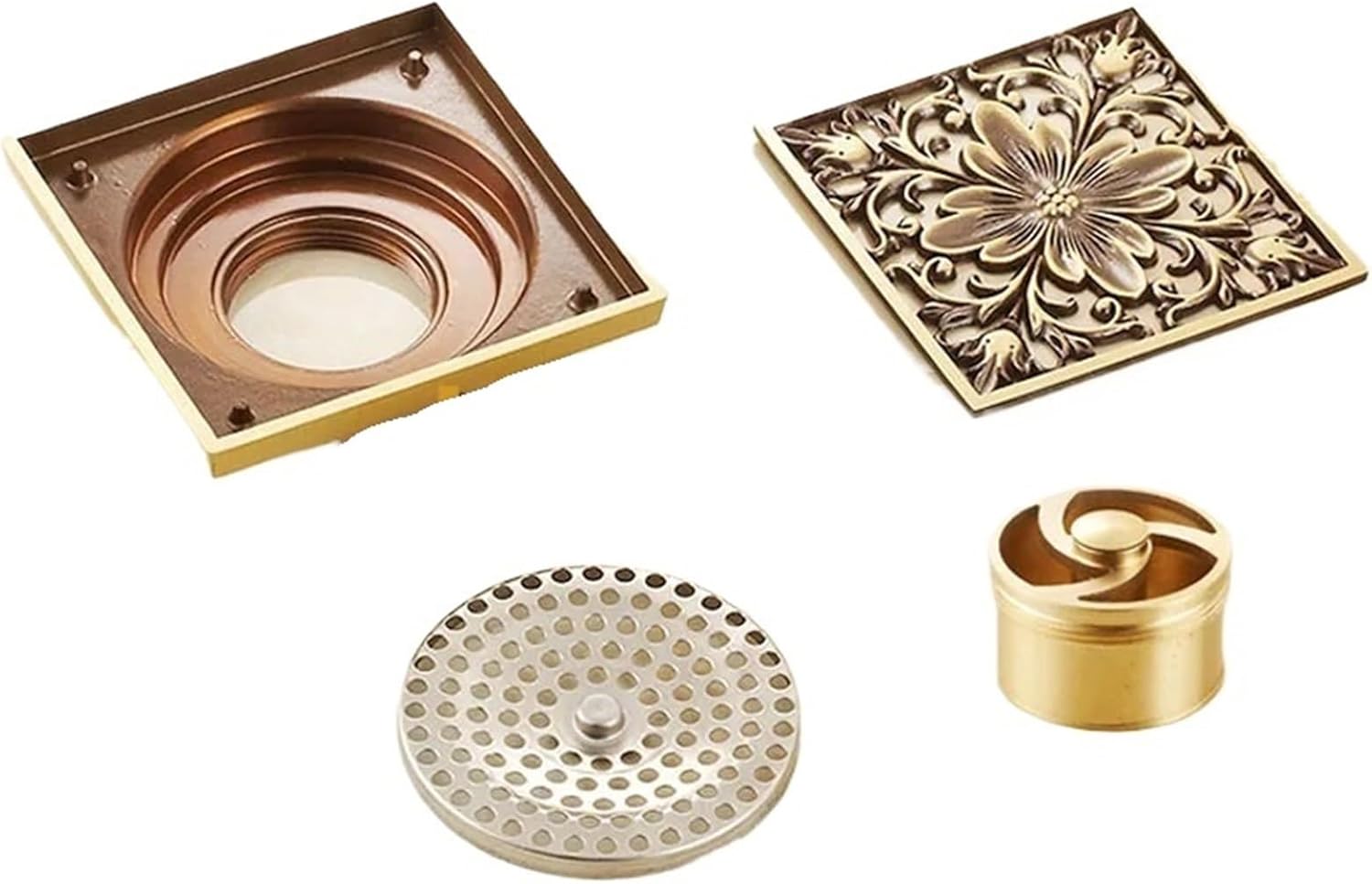 FYPERTY Shower Floor Drain 100mm100mm Antique Brass Carved Flower