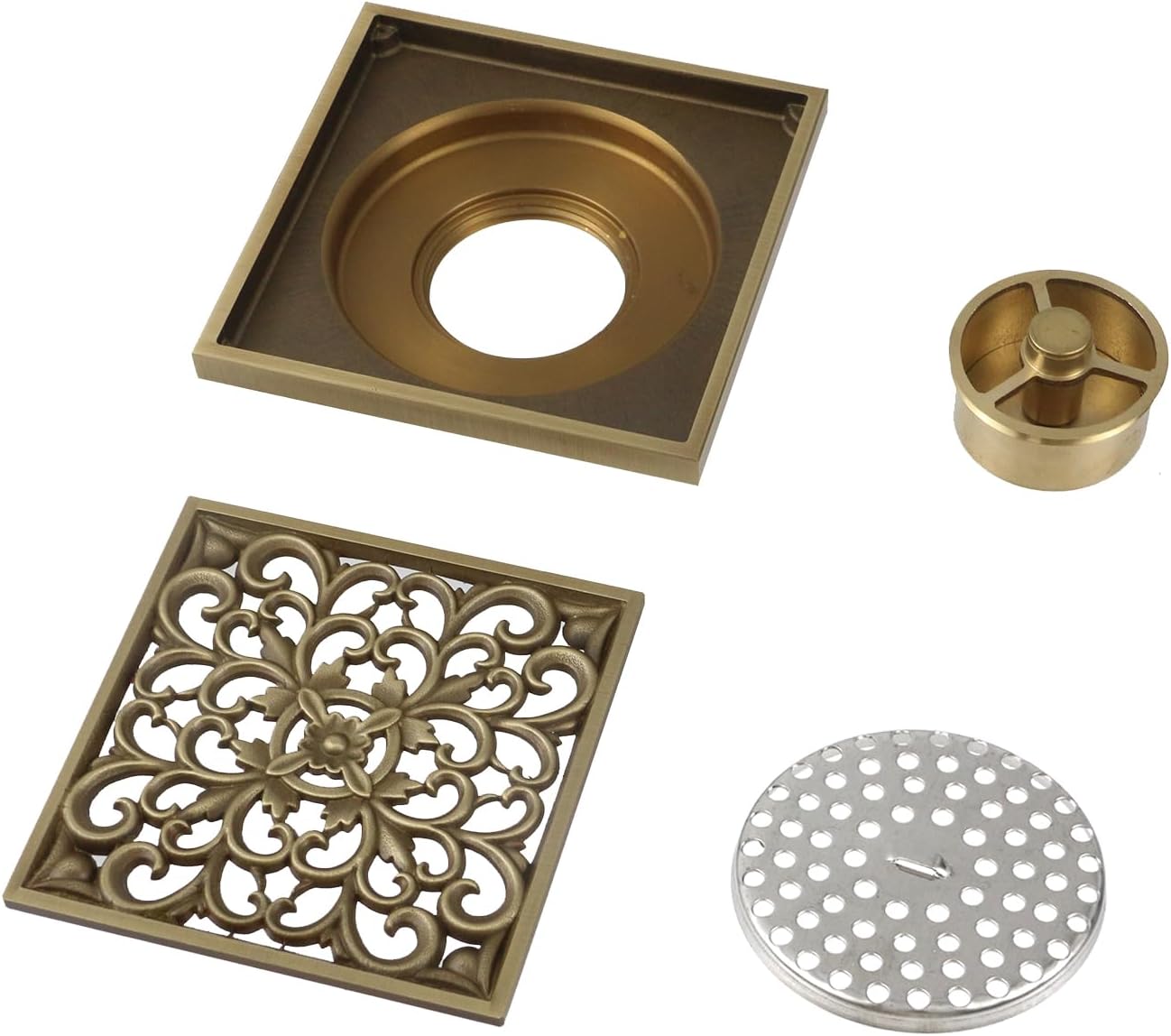 Wealrit 4 Inch Square Shower Drain with Flower Carving and Removable Cover