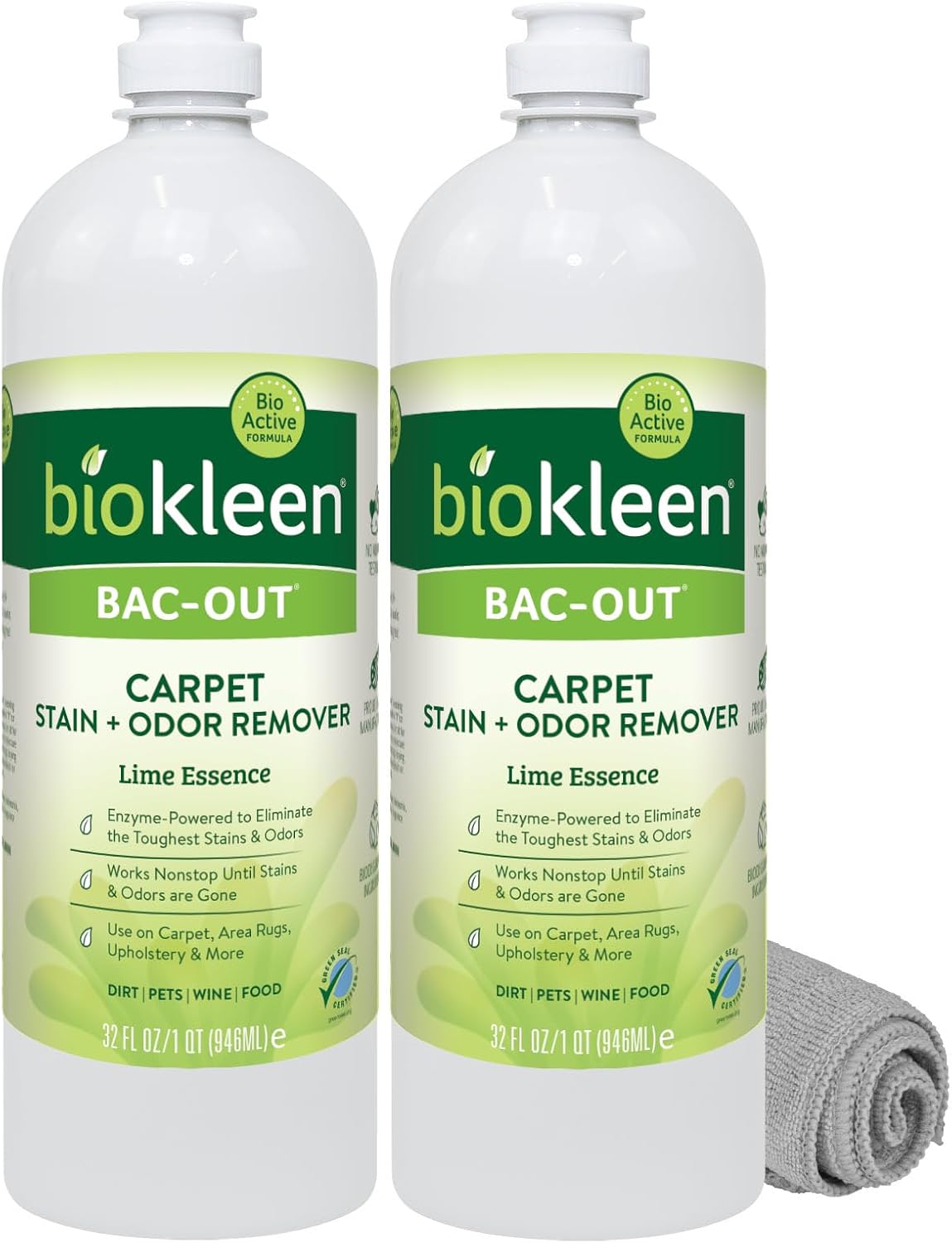 Biokleen Bac-Out Enzymatic Stain Remover - 2 Pack 32 oz with Micro Towel