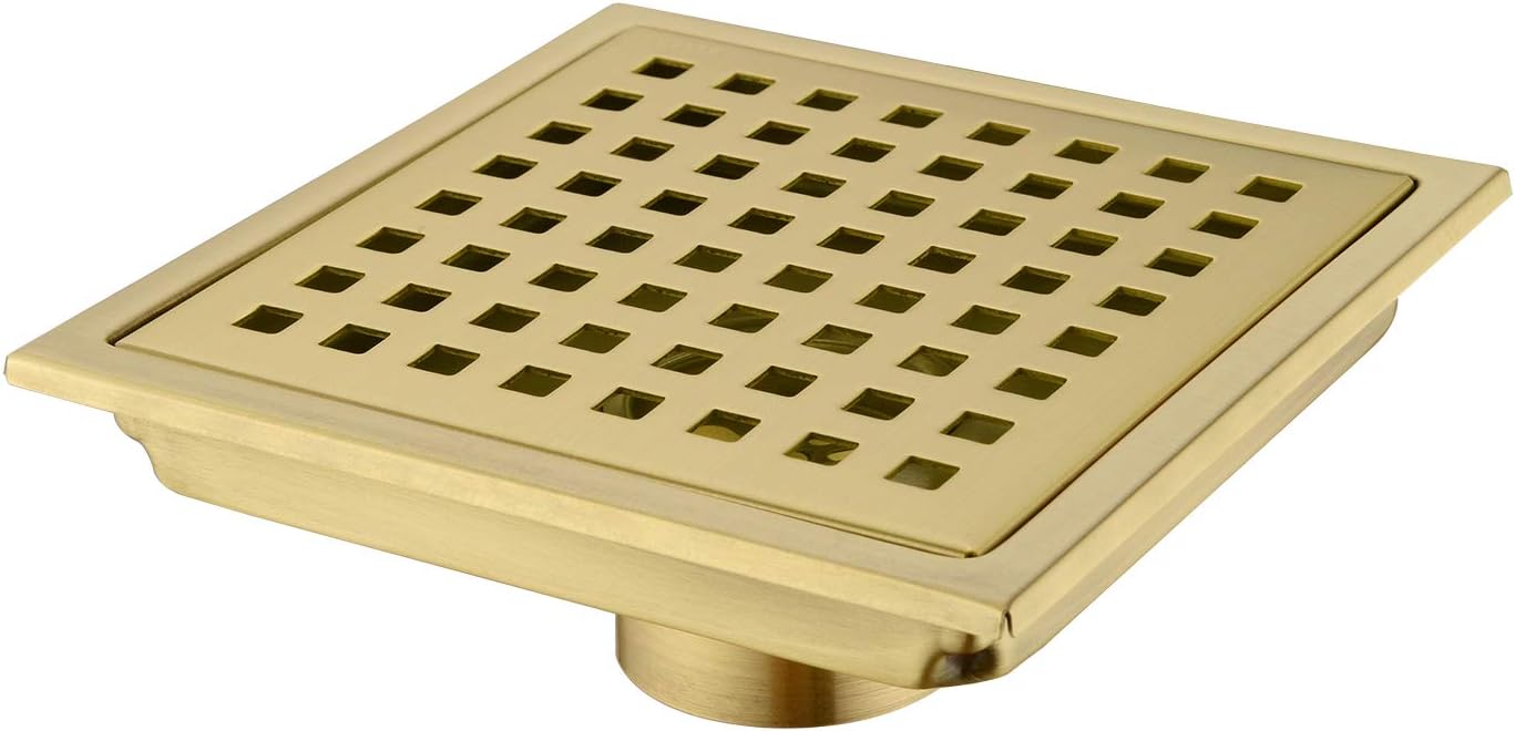 Brushed Gold 6 Inch Square Shower Drain with Adjustable Base Flange 1