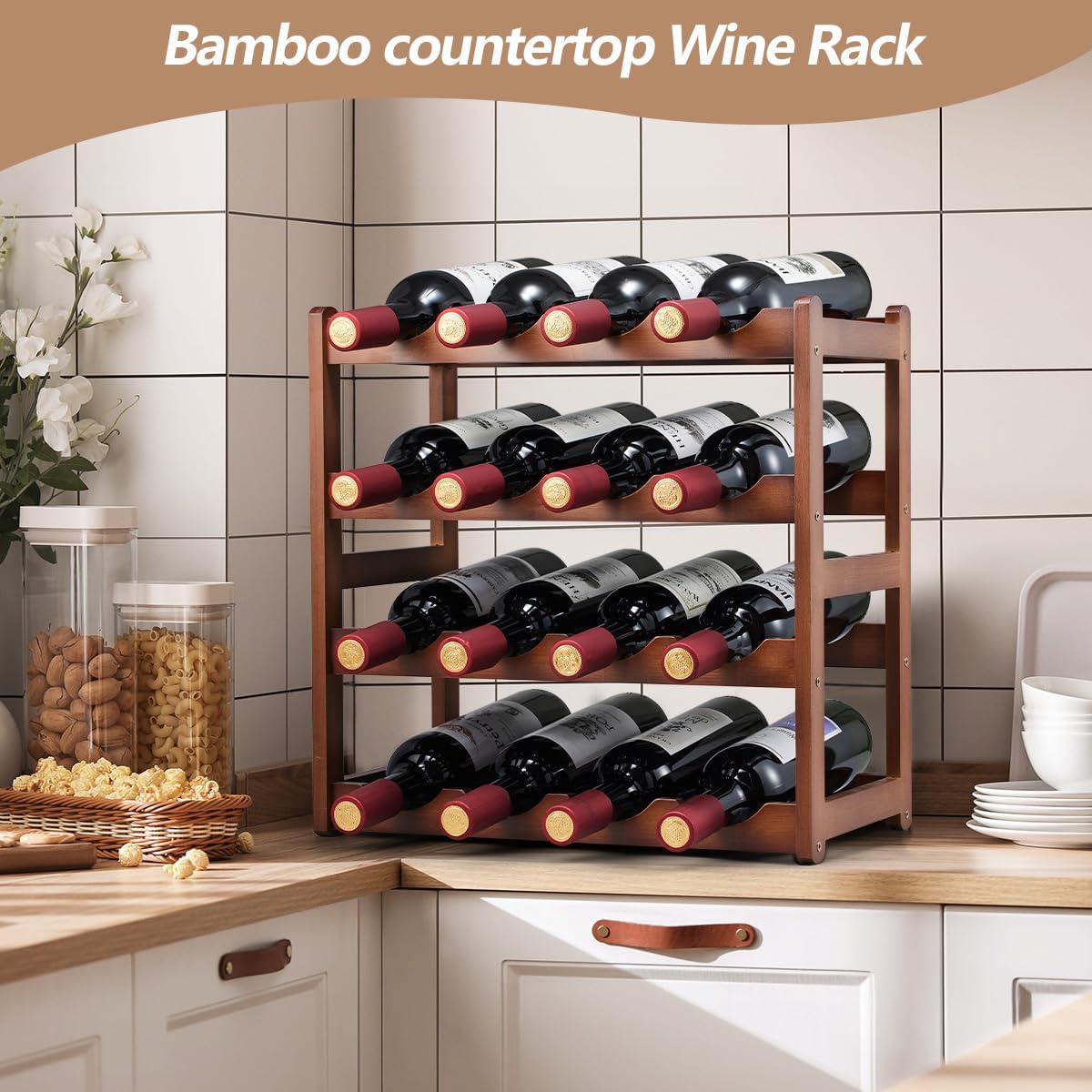Homevany 4-Tier Bamboo Wine Rack Holds 16 Bottles