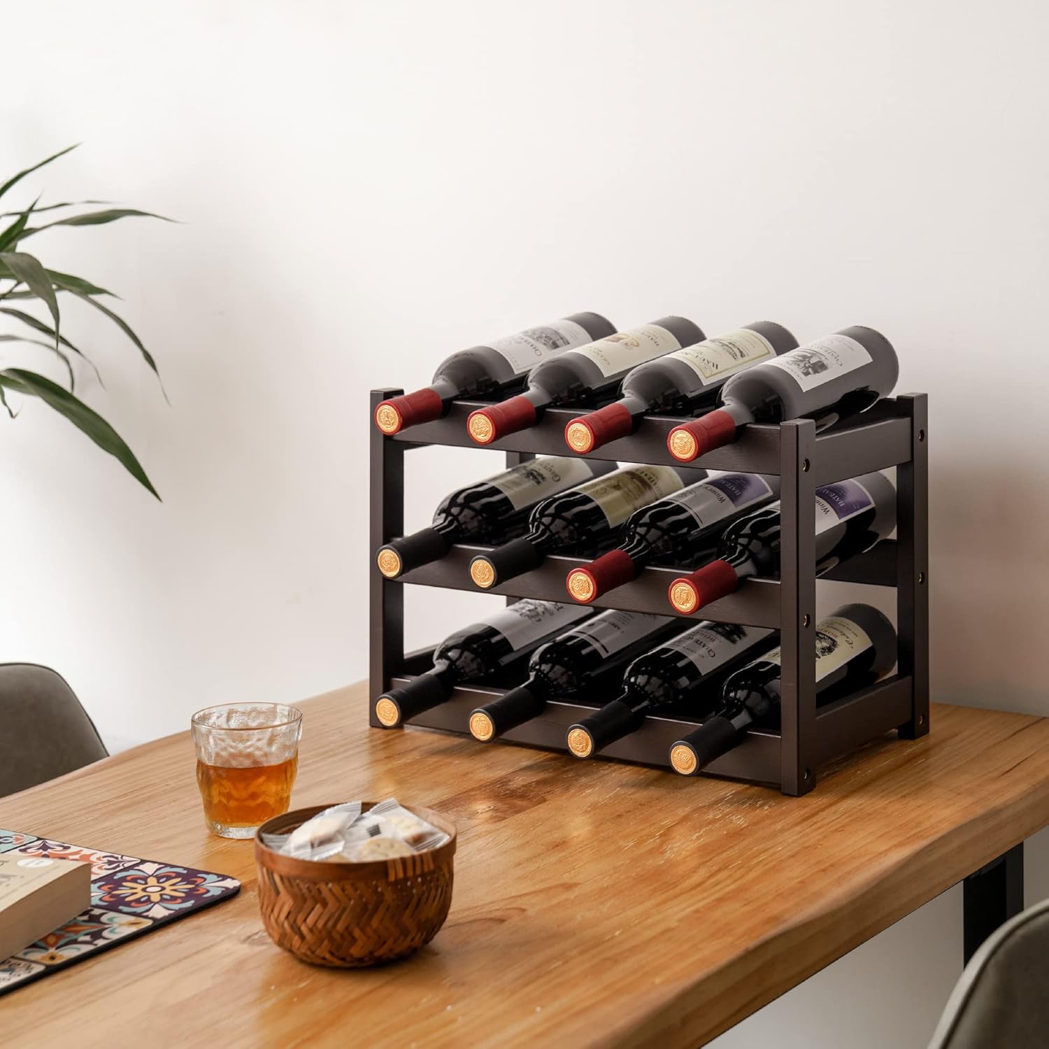 VASMIA Bamboo Wine Rack 3-Tier 12 Bottles Storage Cabinet Shelf Brown