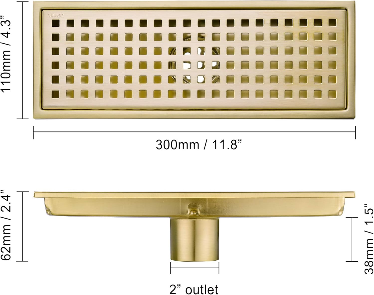 Brushed Gold Linear Drain with Removable Cover Grid 12in x 43in