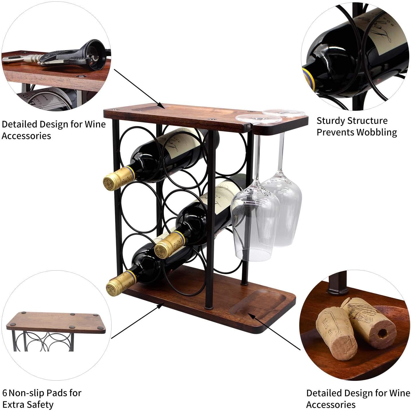 SASIDO Wooden Wine Rack with Tray and Glasses Holder