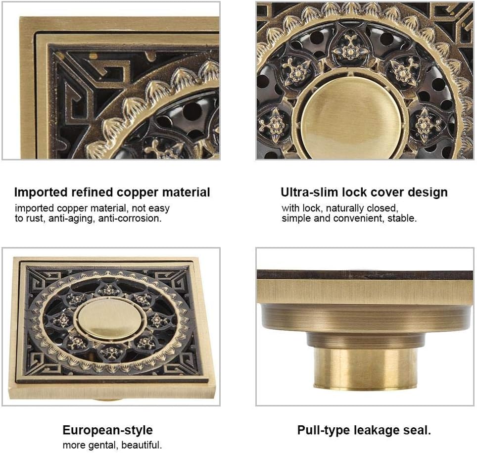 Yosoo Antique Brass Shower Floor Drain with Flower Carving