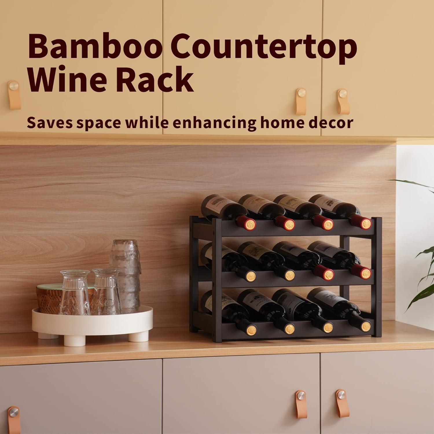 VASMIA Bamboo Wine Rack 3-Tier 12 Bottles Storage Cabinet Shelf Brown