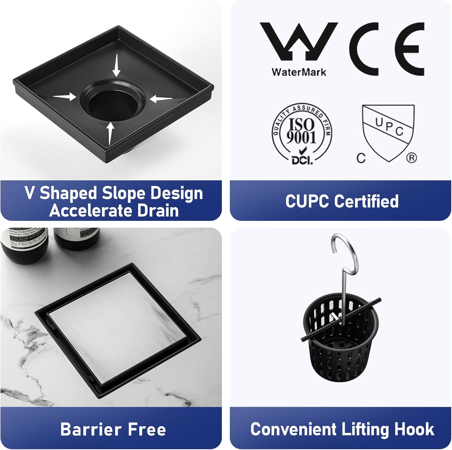 Bernkot Square Shower Drain 6 with 2 PVC Flange Base Matte Black