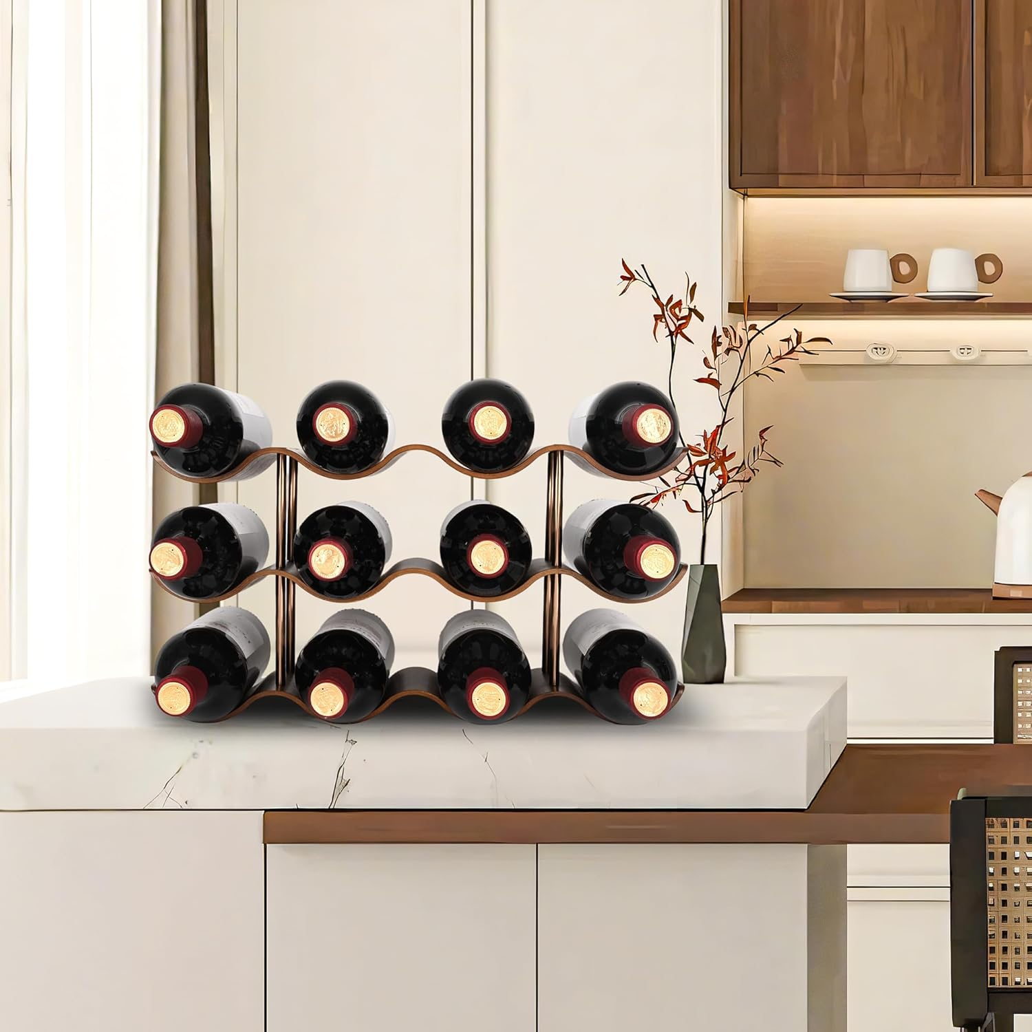 TRUDING 12-Bottle Wavy Walnut Wine Rack