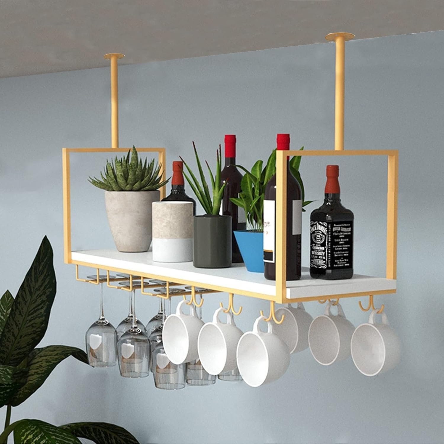 Ceiling Hanging Bar Unit Wine Glass Holder with Pot Rack