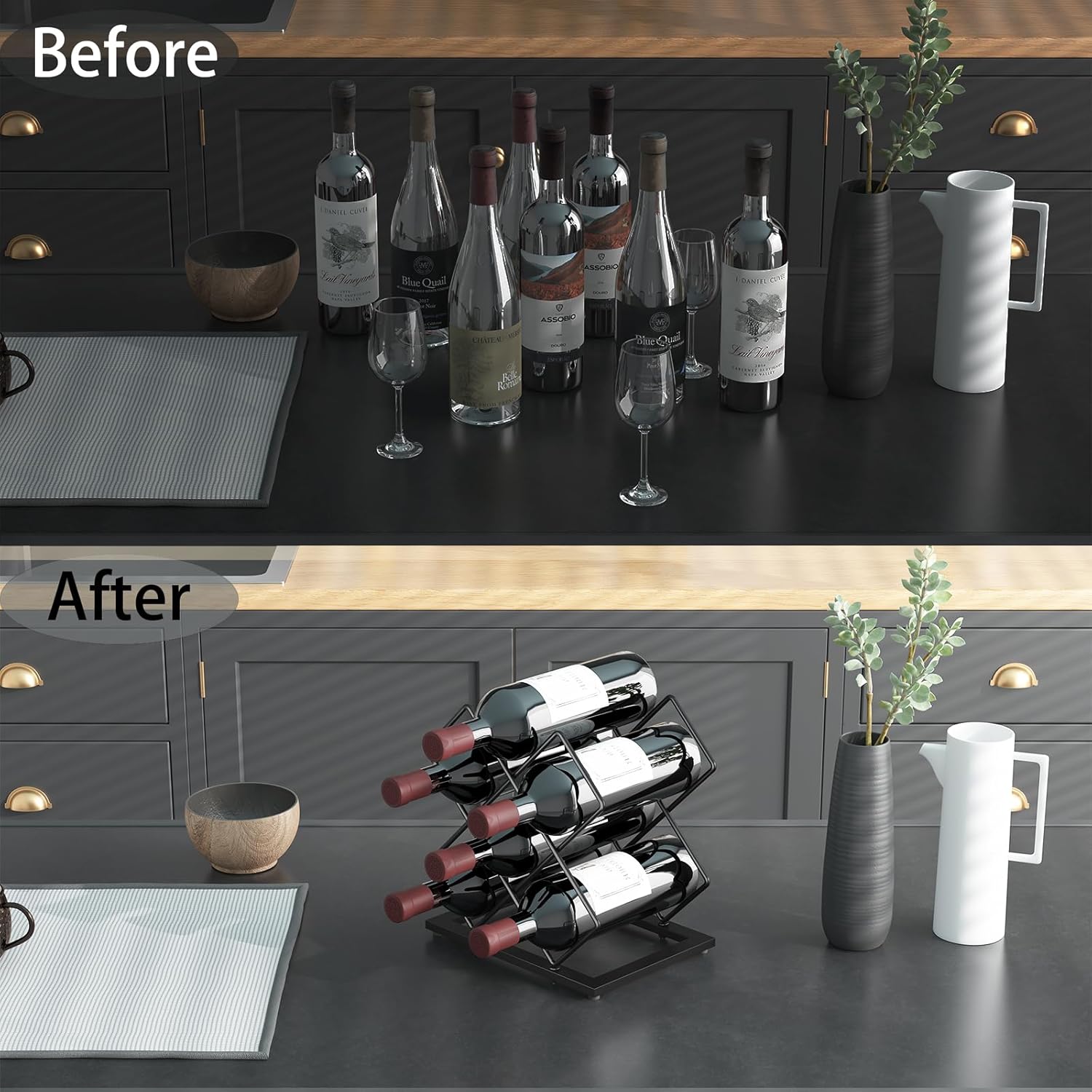 KOKSTOP 6-Bottle Countertop Wine Rack Modern Black Metal Holder