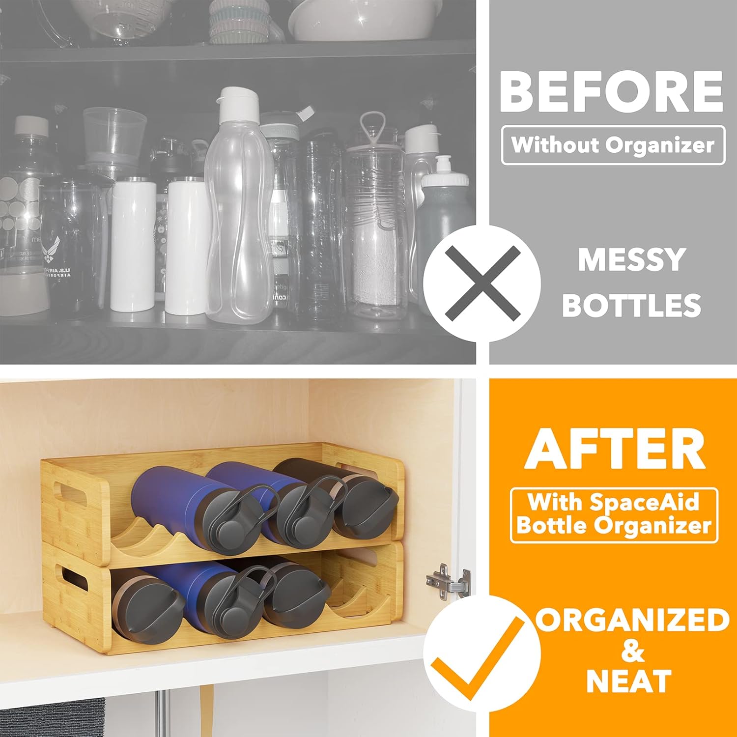 SpaceAid Bamboo Water Bottle Organizer 2 Pack 4-Slot