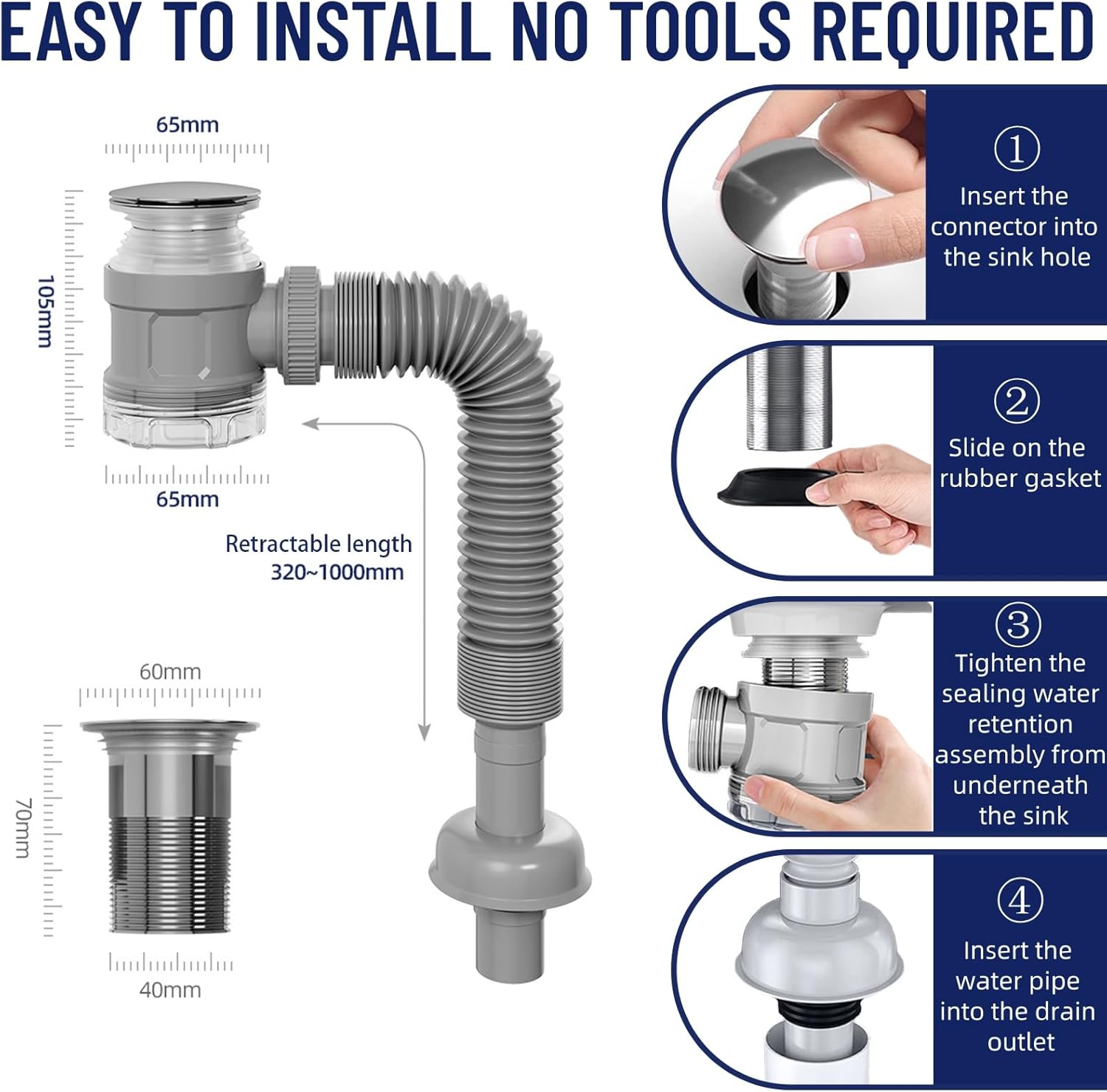 JHBKing Bathroom Sink Drain Kit with Flexible Pipe 1