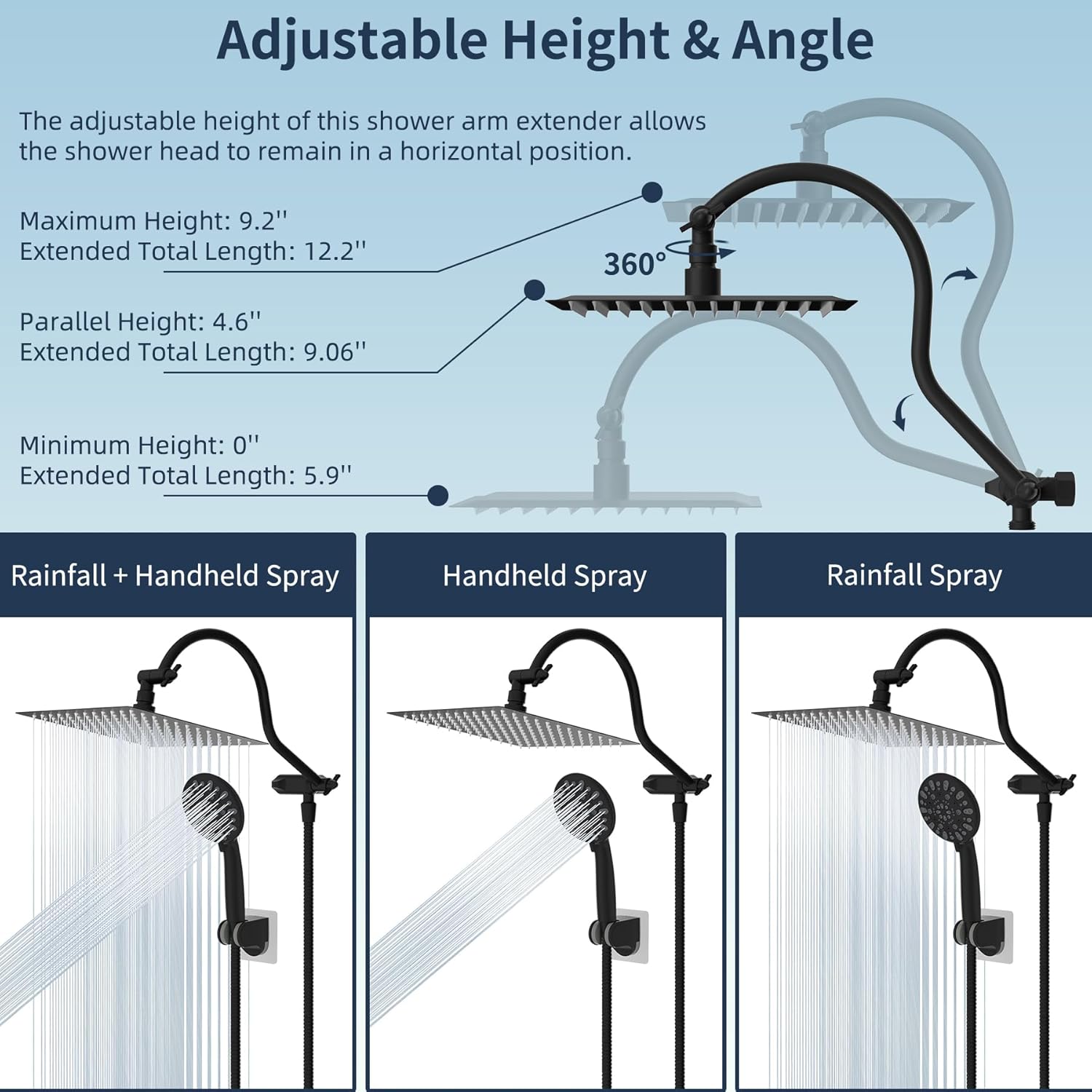 Hibbent All Metal High Pressure 7 Spray Handheld Shower Head Combo