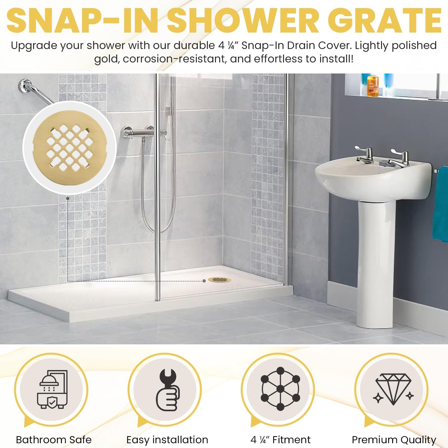 425 Brushed Light Gold Shower Drain Cover - Solid Brass Easy Install