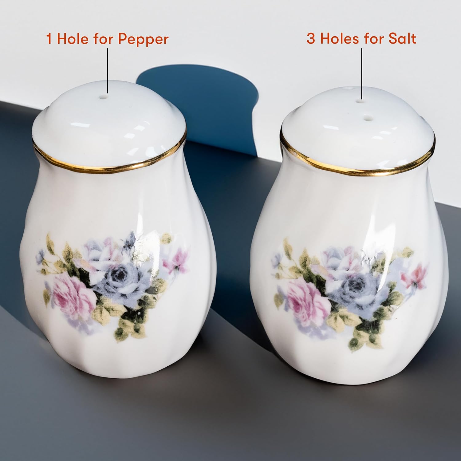 Lynns Serafina Floral Salt Pepper Set Purple 24K Gold Porcelain