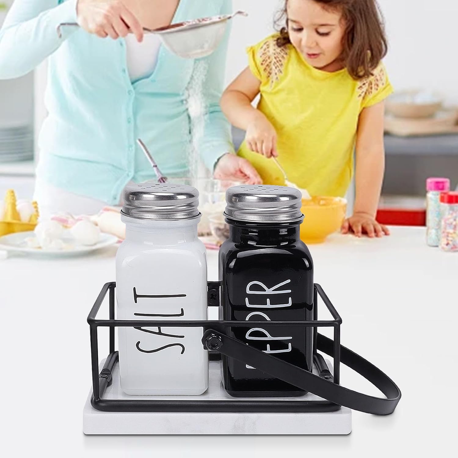 Livabber 2 Salt Pepper Shakers with Marble Holder Set