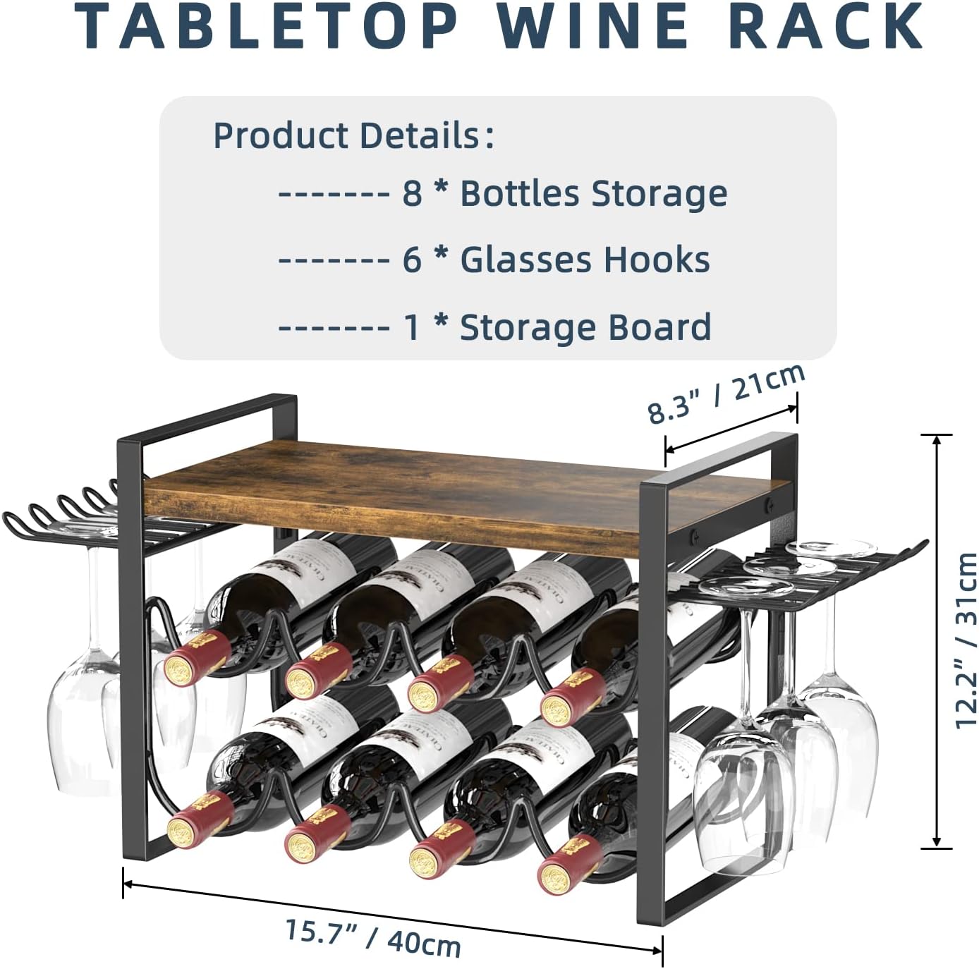 JAFUSI Wine Rack 8 Bottles Storage Shelf Stand with Glasses Hooks