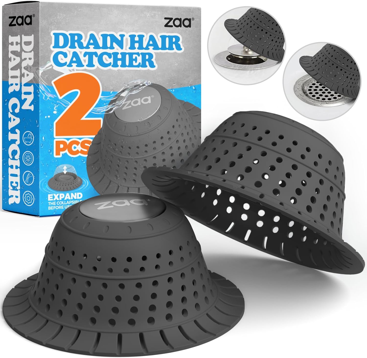 Zaa Bathtub Drain Hair Catcher 2 Pack Silicone Collapsible