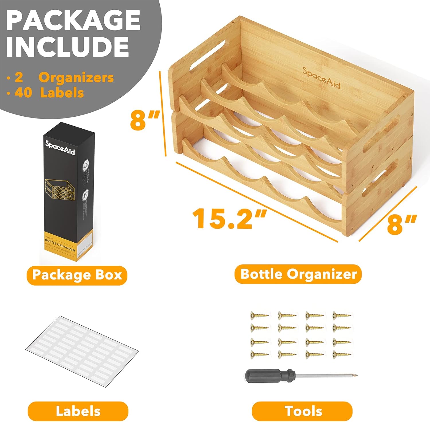 SpaceAid Bamboo Water Bottle Organizer 2 Pack 4-Slot