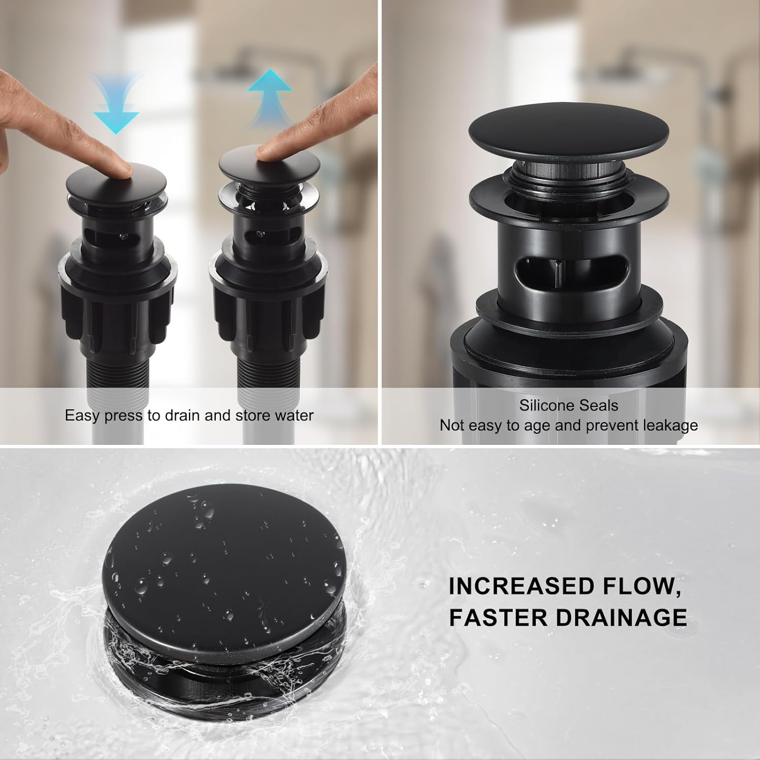 Jorilaisa Pop Up Drain Stopper with Overflow - Matte Black