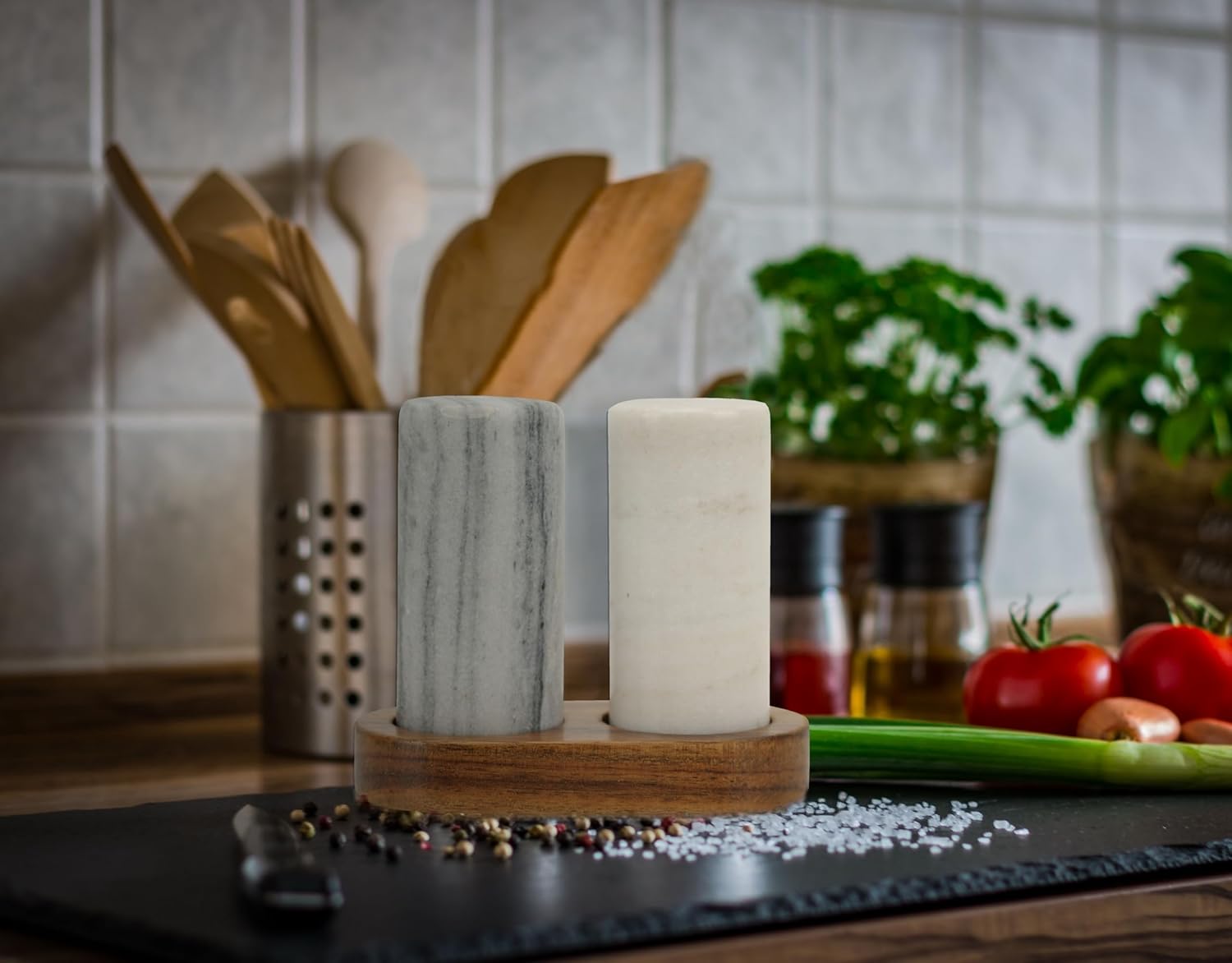 Spiretro Elegant Marble Salt and Pepper Shaker Set with Acacia Wood Holder