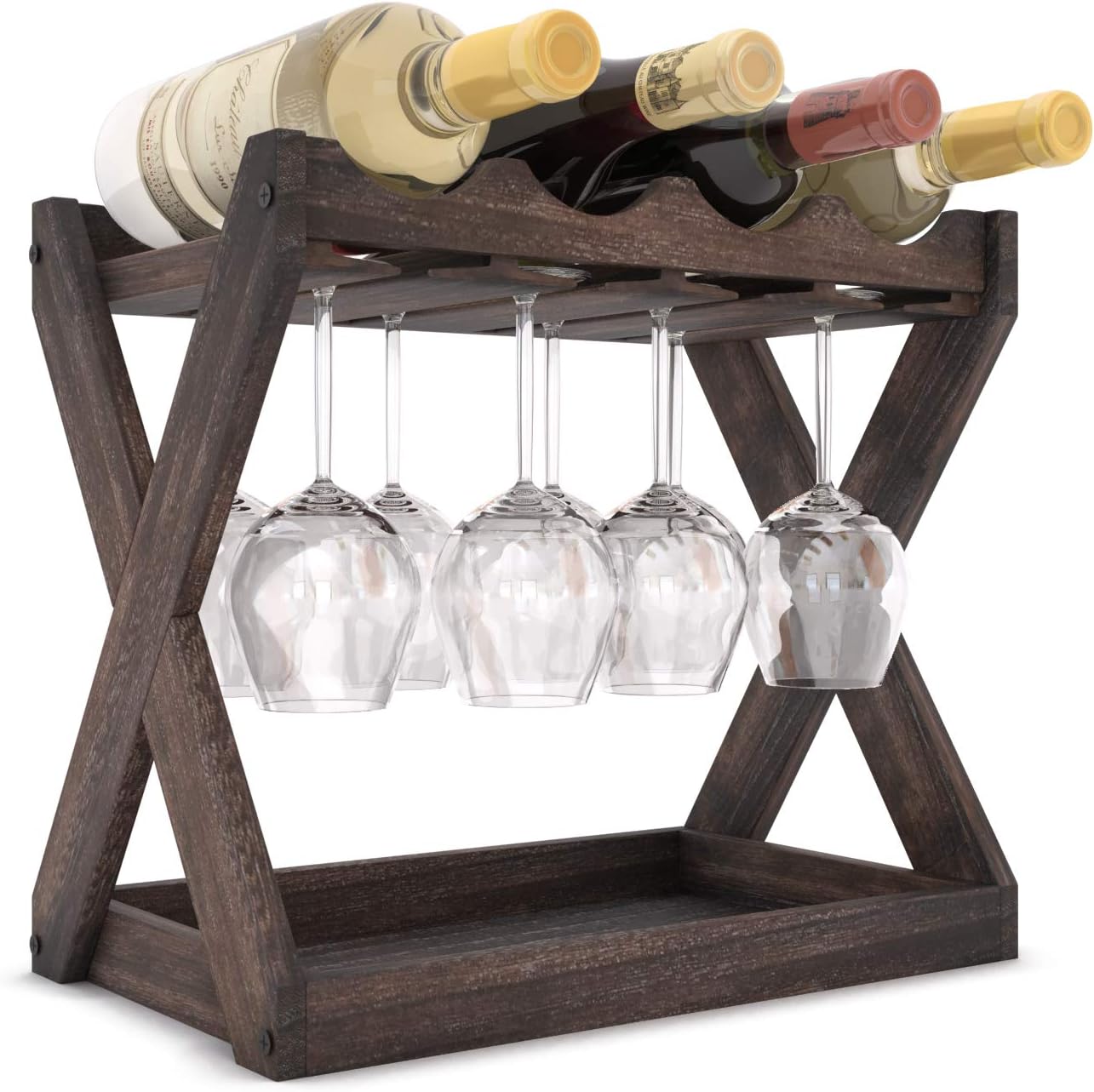 Rustic State Solid Wood Wine Rack for 4 Bottles and 6 Glasses