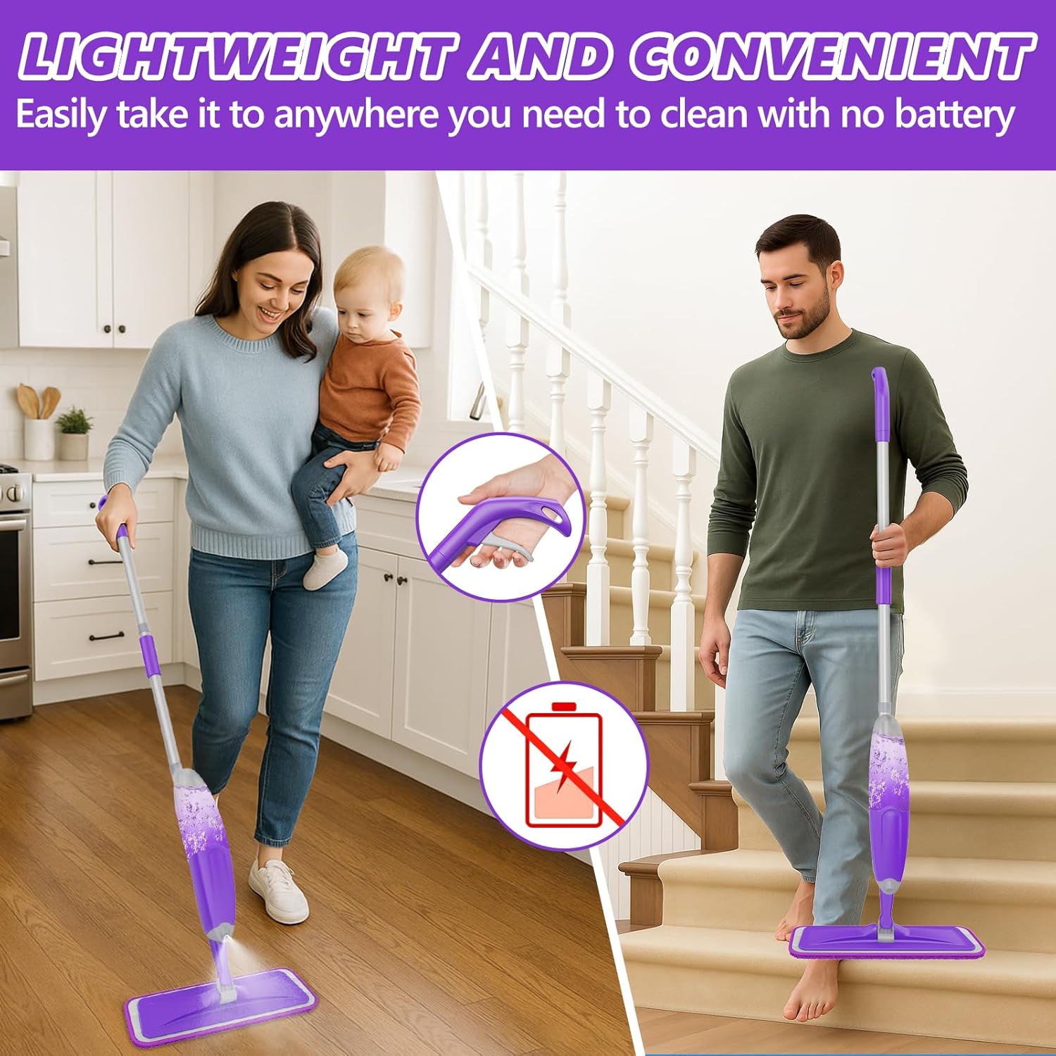 HOMTOYOU Spray Mop with 3 Microfiber Pads