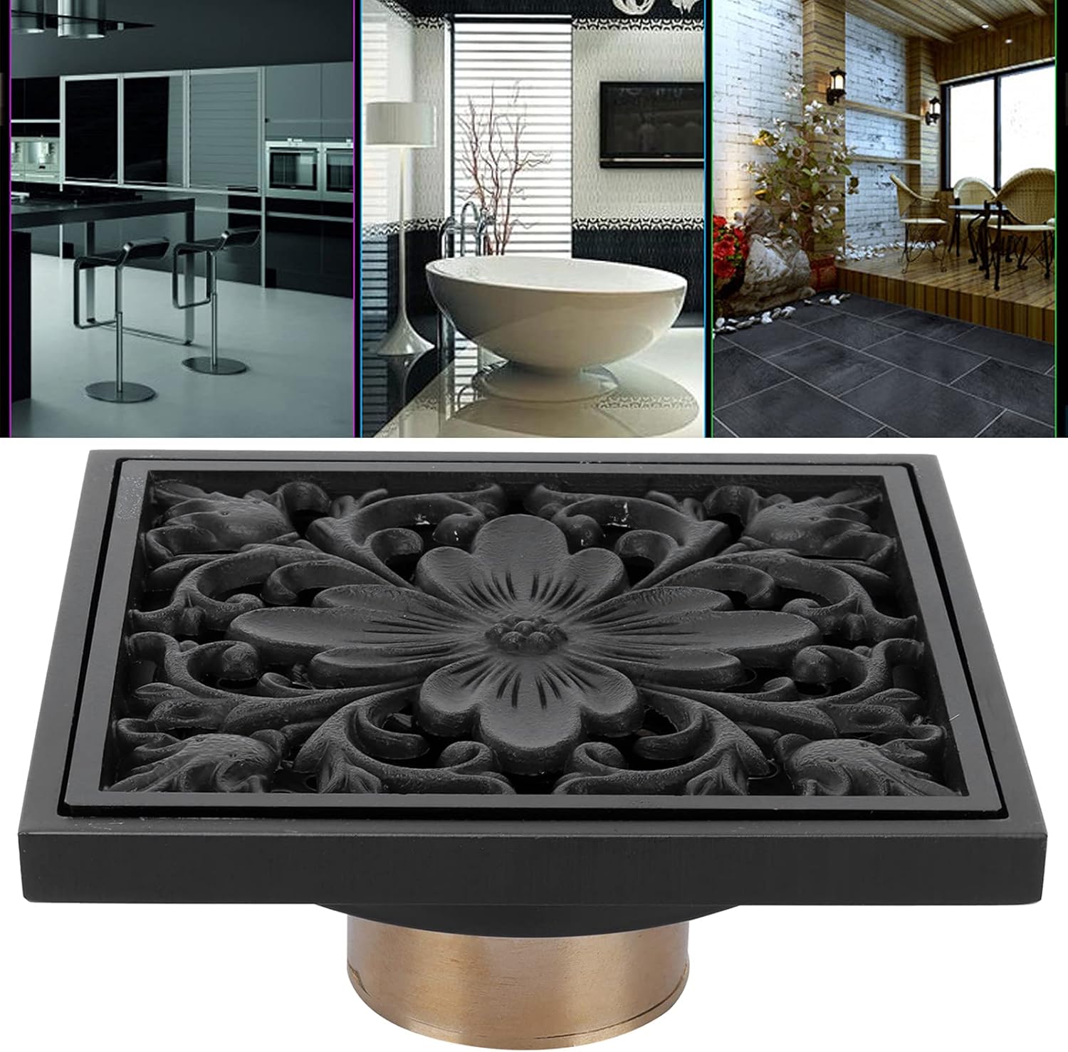 Hapivida Antique Black Square Floor Drain with Strainer
