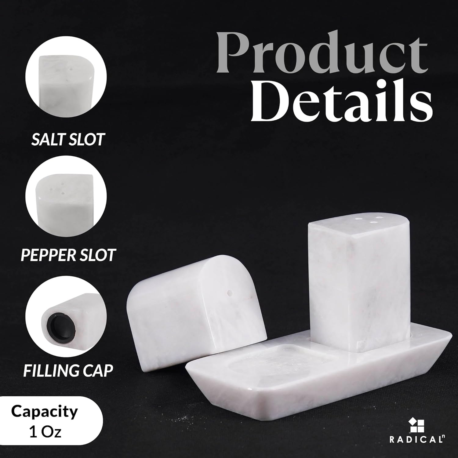 Radicaln Marble Salt and Pepper Shakers Set of 2 with Tray