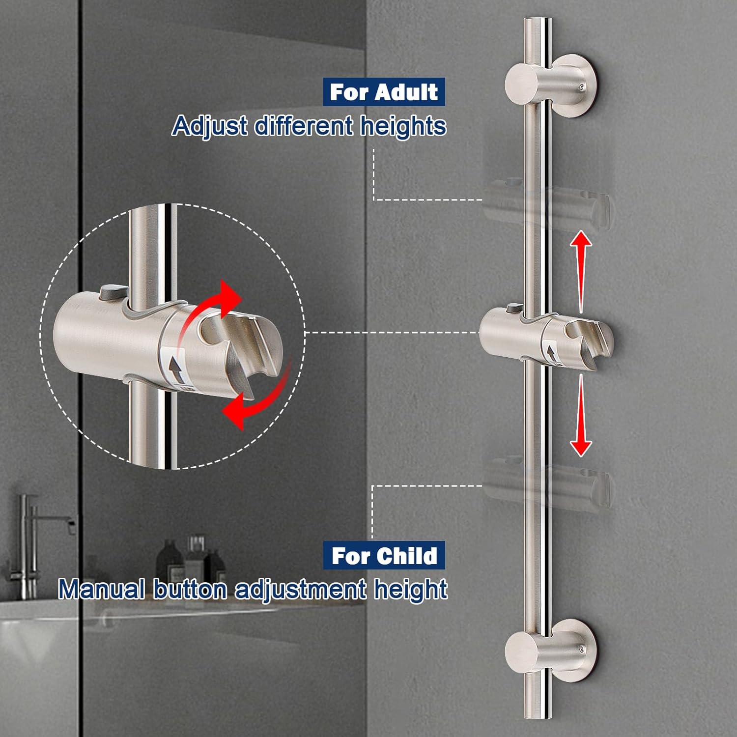 NearMoon Adjustable Shower Slide Bar with 24 Inch Length and Brushed Nickel Finish