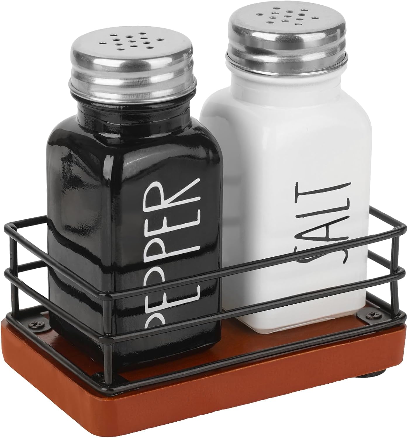 Cute Farmhouse Salt Pepper Shakers Set with Wooden Holder