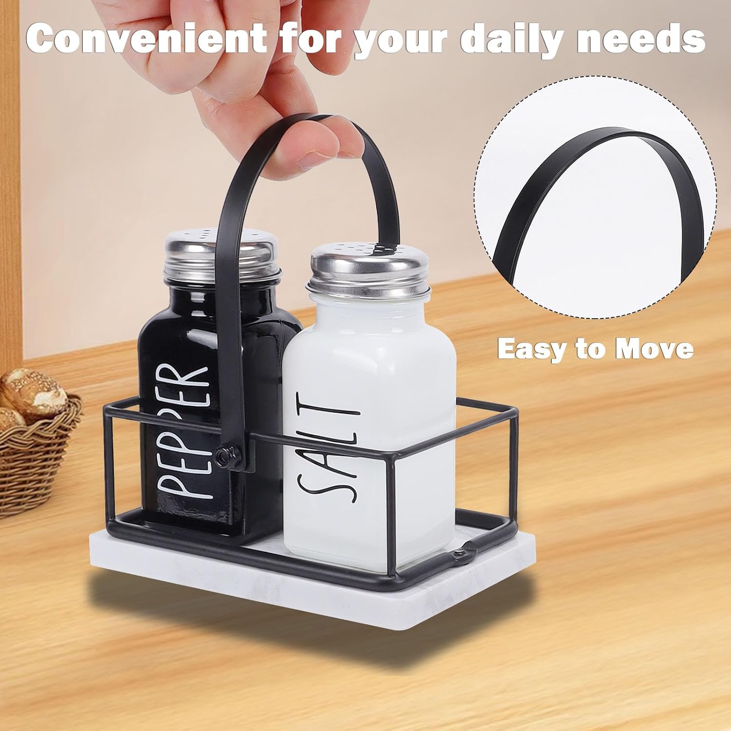 Livabber 2 Salt Pepper Shakers with Marble Holder Set