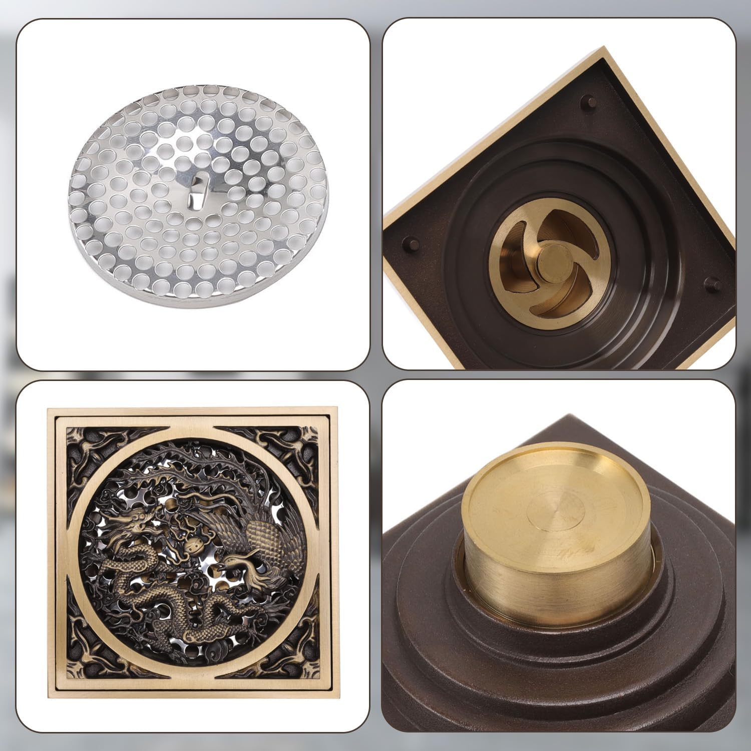 Stainless Steel Copper Square Floor Drain with Dragon Phoenix Design