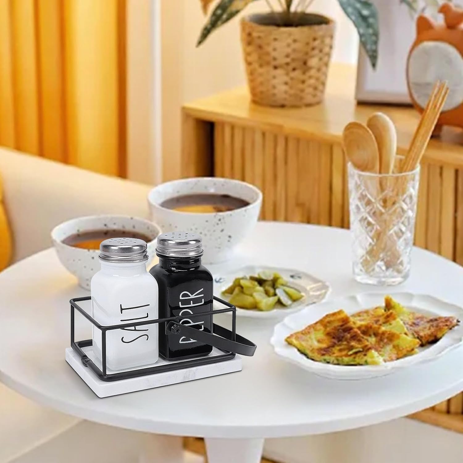 Livabber 2 Salt Pepper Shakers with Marble Holder Set