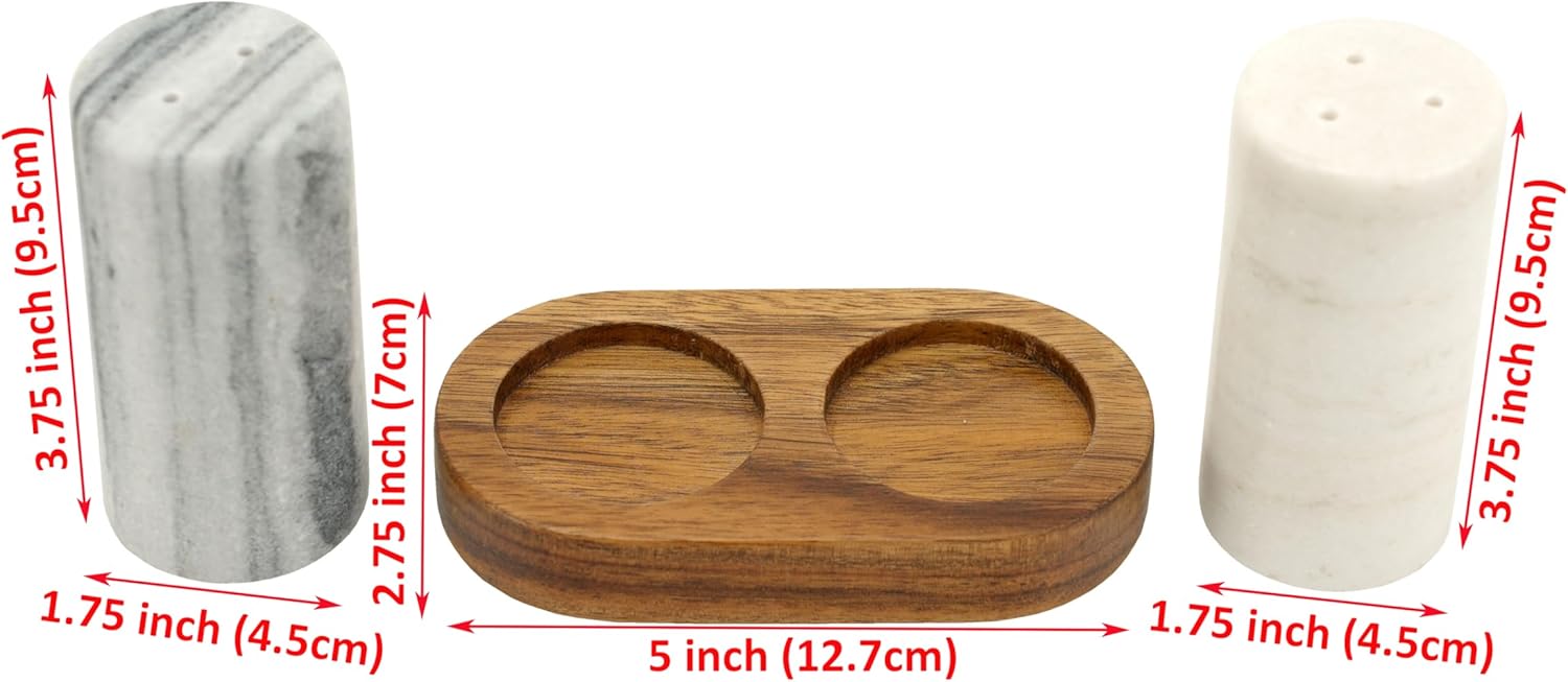 Spiretro Elegant Marble Salt and Pepper Shaker Set with Acacia Wood Holder