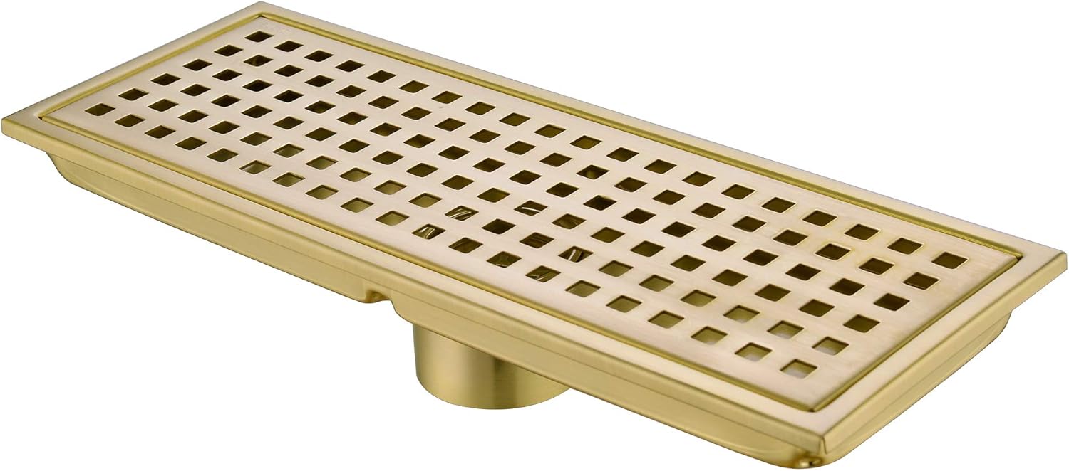 Brushed Gold Linear Drain with Removable Cover Grid 12in x 43in