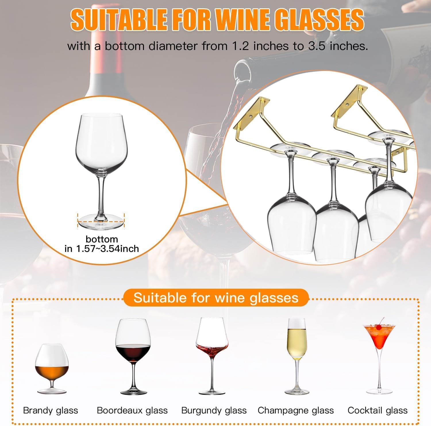 4PCS 106 Inch Wine Glass Rack Gold Under Cabinet Holder