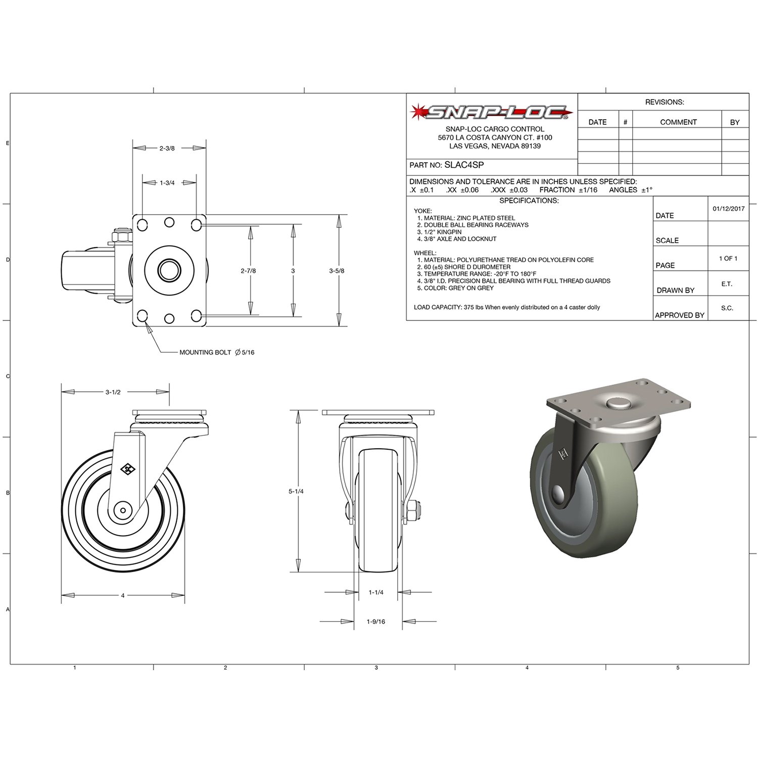 Snap-Loc 4 Inch Swivel Caster 375 LB Capacity