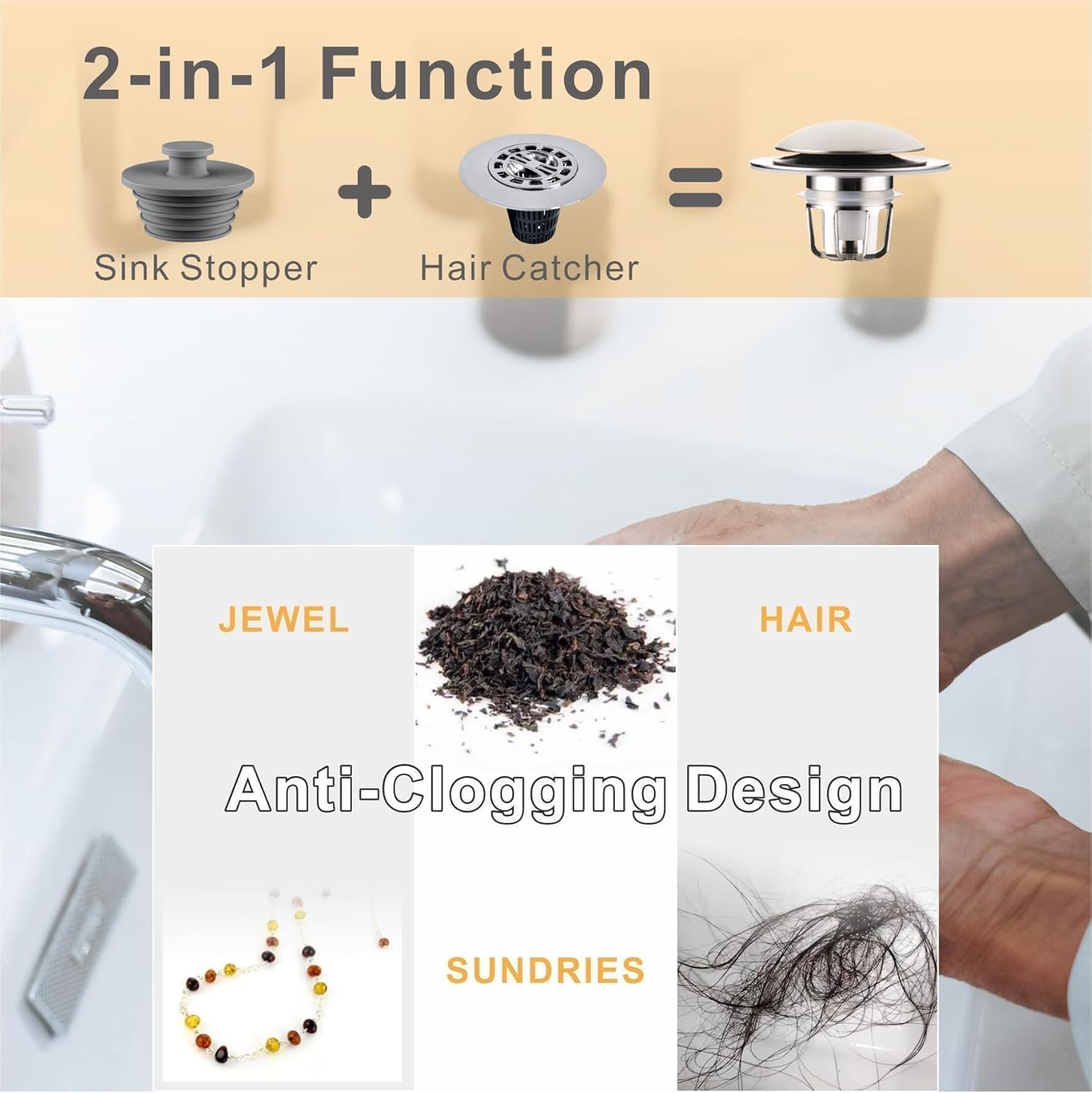 Wellup Universal 2-in-1 Sink Stopper with Hair Catcher
