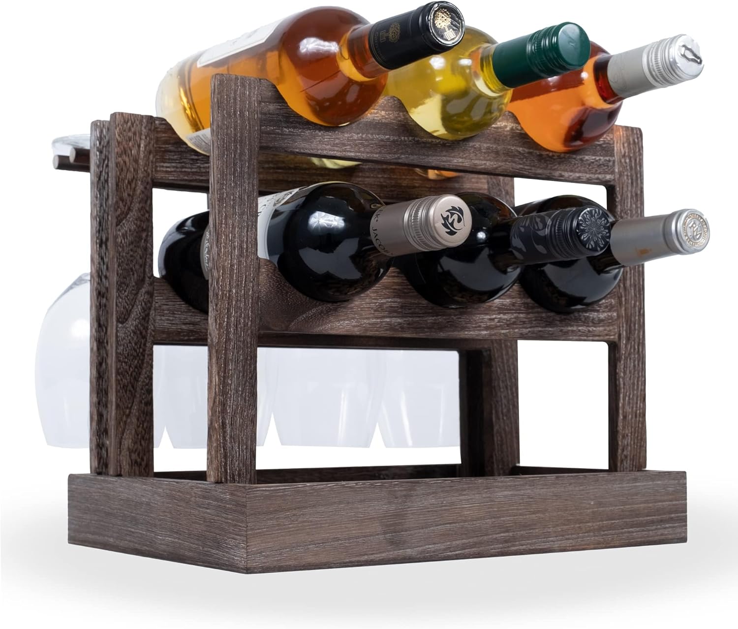 Rustic State Burnt Brown Wood Wine Rack for 6 Bottles 4 Glasses