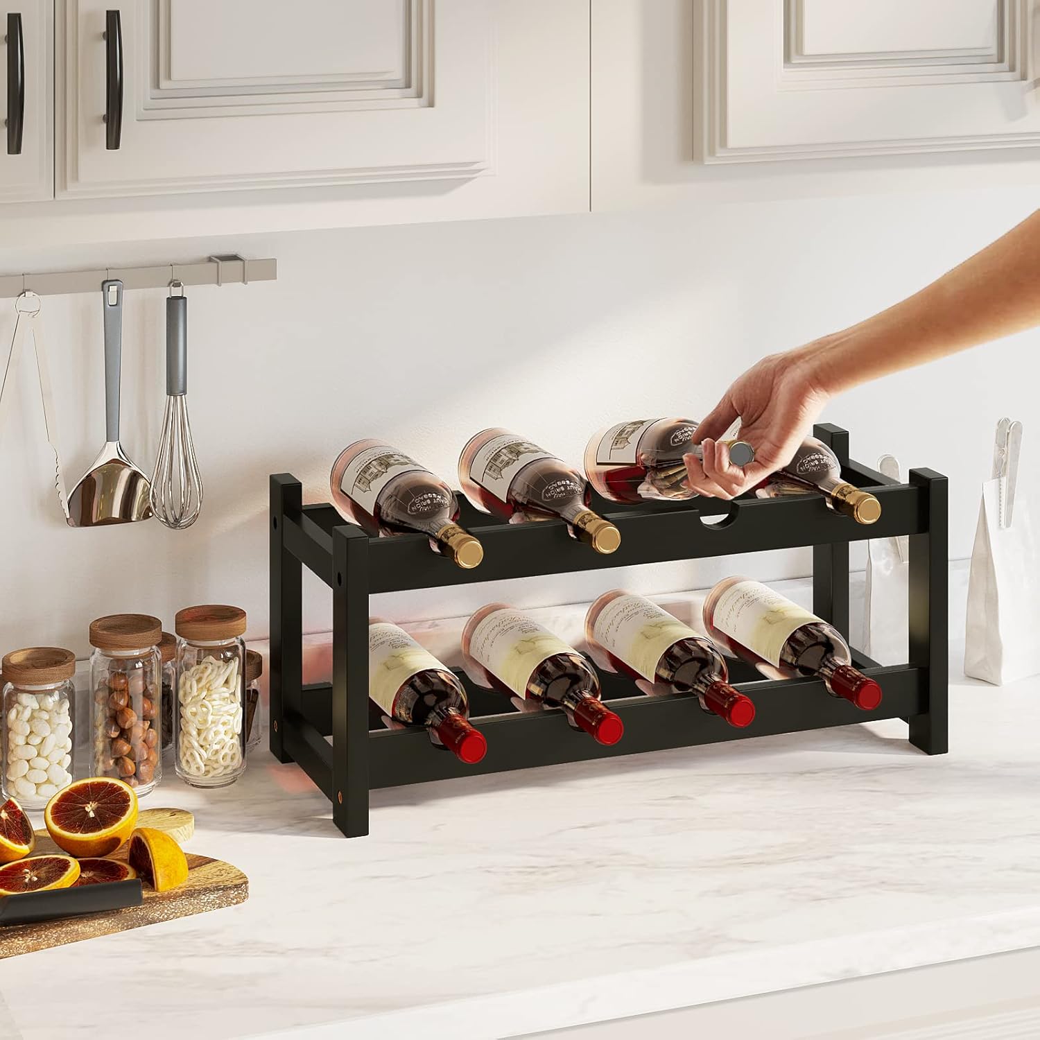 BAMEOS 8-Bottle Freestanding Bamboo Wine Rack