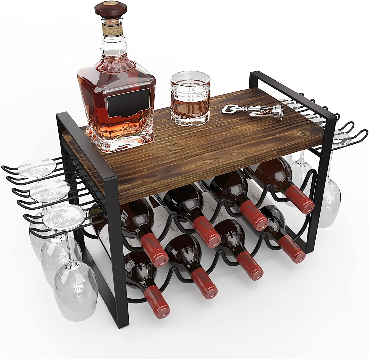 JAFUSI Wine Rack 8 Bottles Storage Shelf Stand with Glasses Hooks