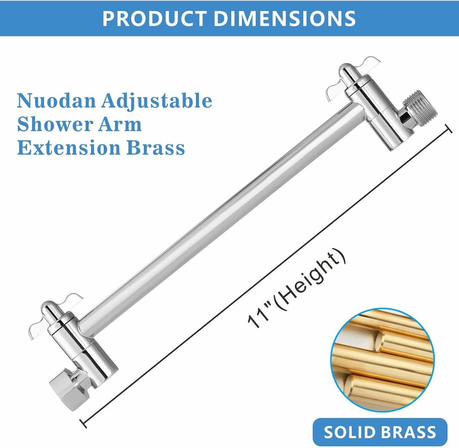 Nuodan 11 Inch Solid Brass Shower Arm with Universal Connection and Chrome Finish