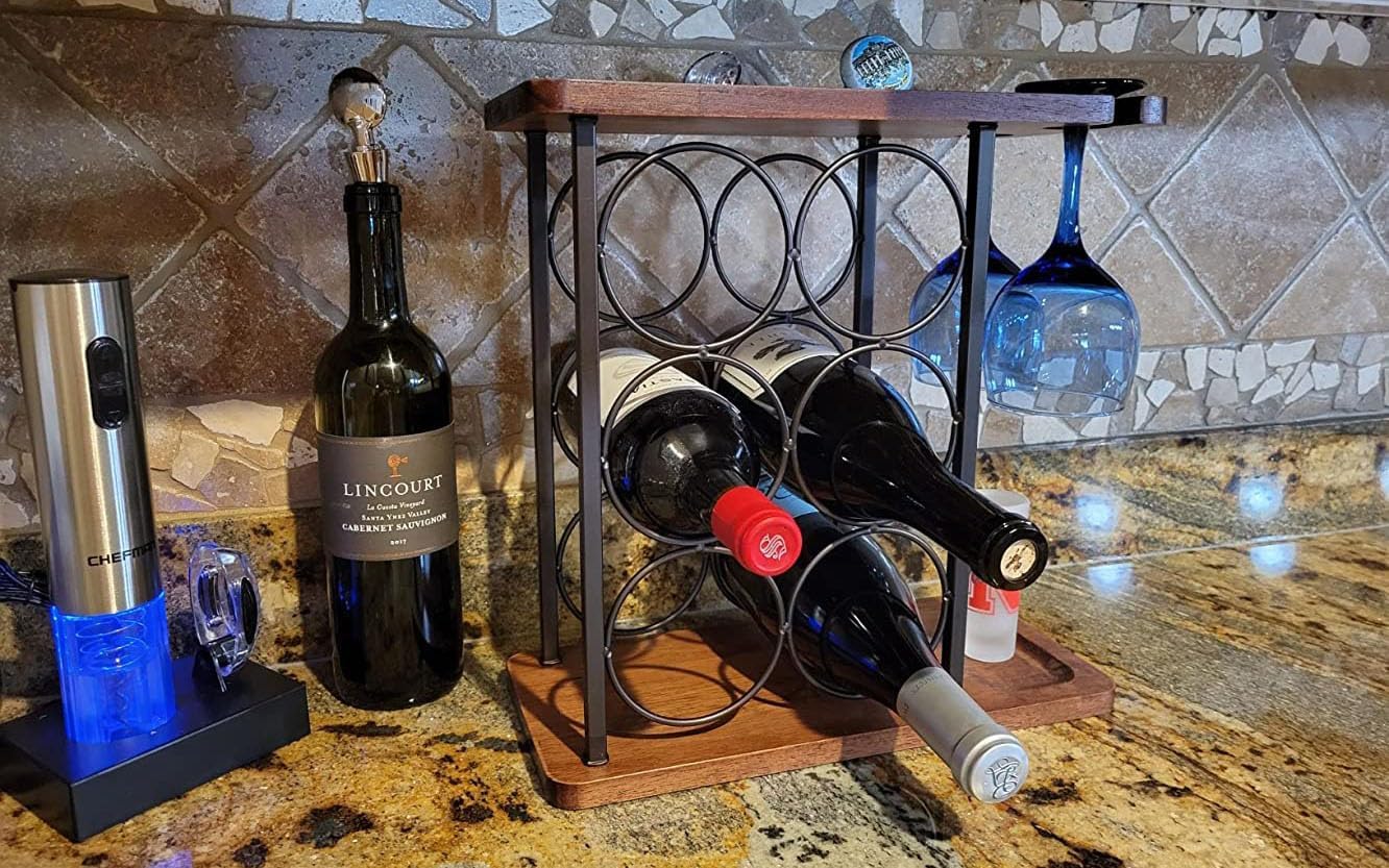 SASIDO Wooden Wine Rack with Tray and Glasses Holder
