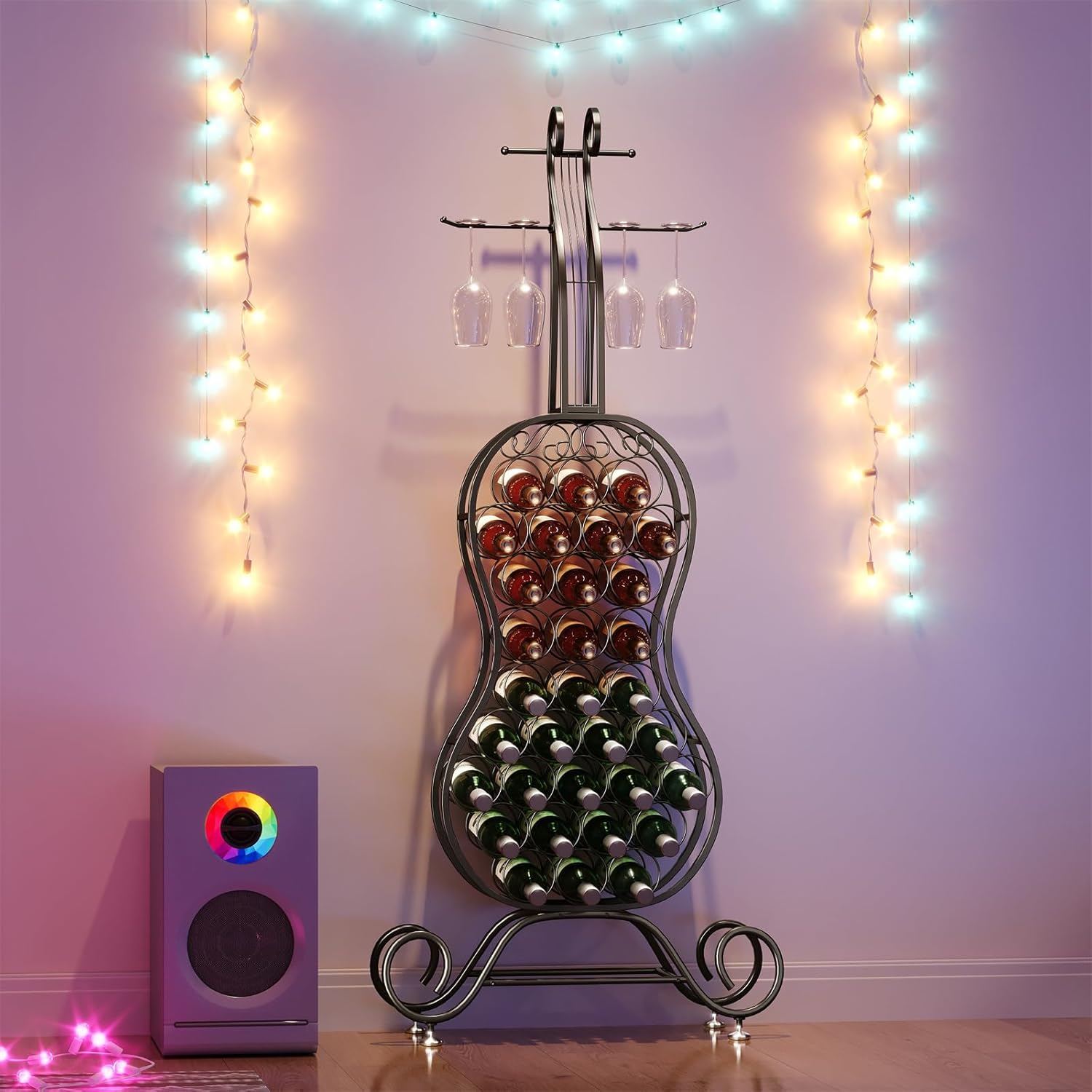 HavenlyYouth 32-Bottle Freestanding Wine Rack - Black Metal Wine Holder